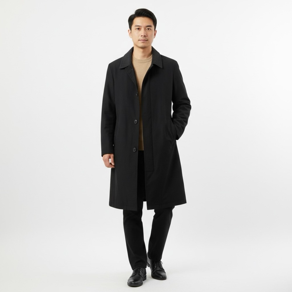 Westbury Mens Black Overcoat Longline Car Coat Wool Blend Collar‎ Hidden Placket